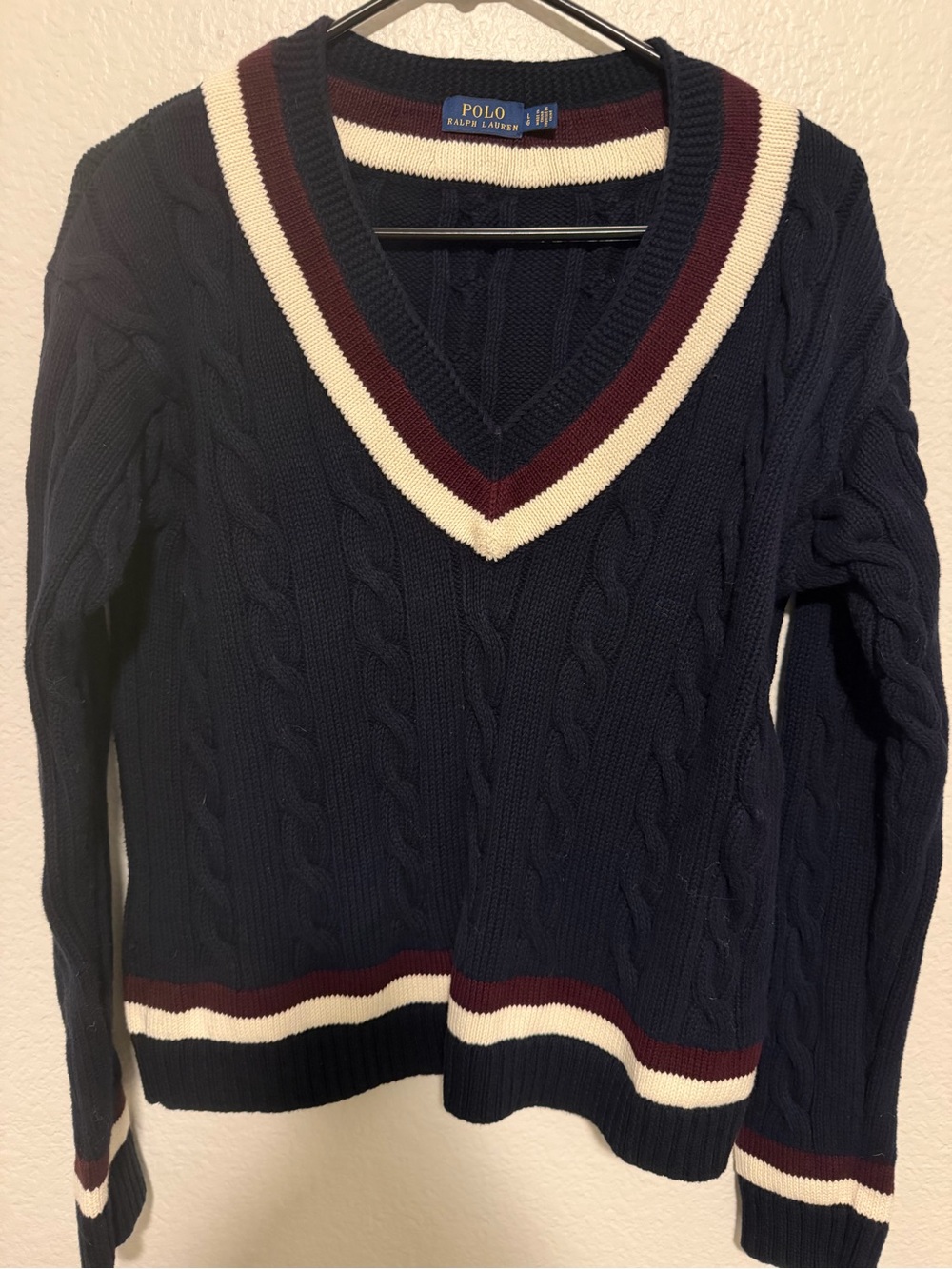 Polo Ralph Lauren Navy Cable Knit Cricket Sweater V-Neck Stripe L